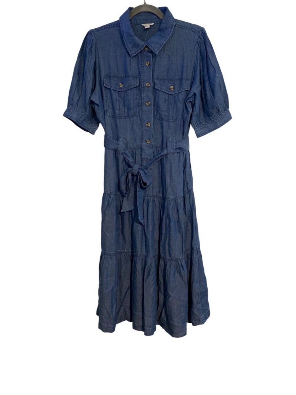 Cato Women M Blue Midi Dress Chambray Button-Down Tie Waist Boho Western Casual
